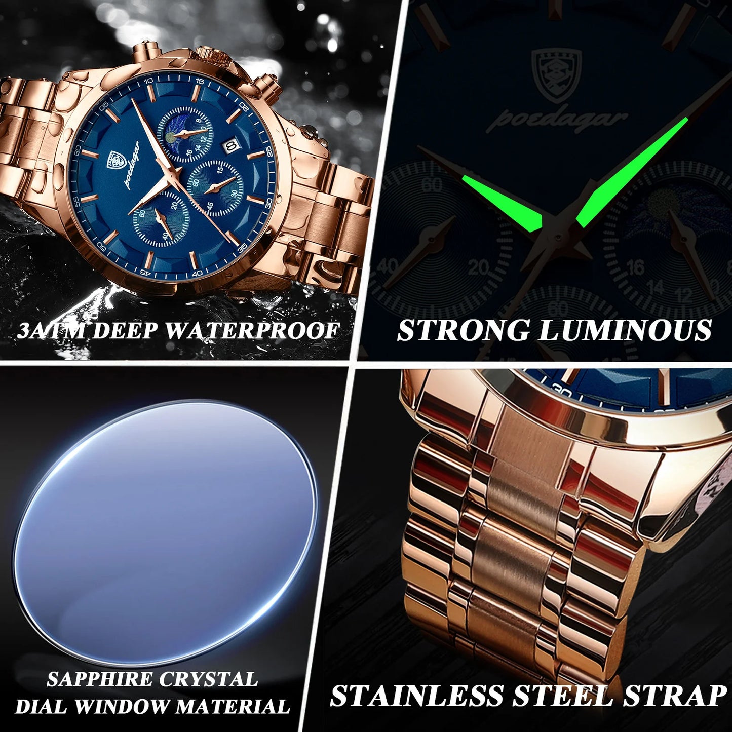 Luxury Man Wristwatch Chronograph Stainless Steel Men'S Watch Quartz Waterproof Luminous Fashion Watches for Men Reloj