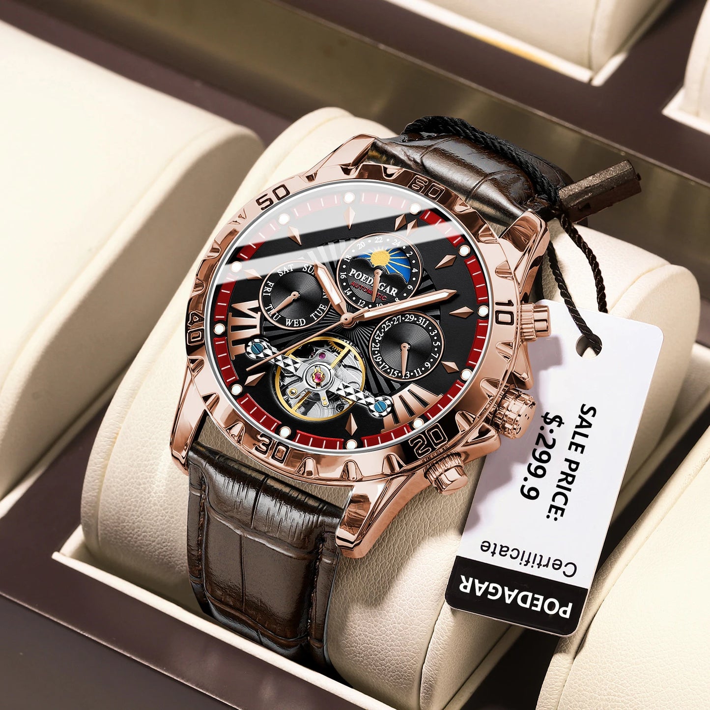 Tourbillon Automatic Mechanical Wristwatch Waterproof Luminous Date Week Leather Men Watch Luxury Fashion Men'S Watches
