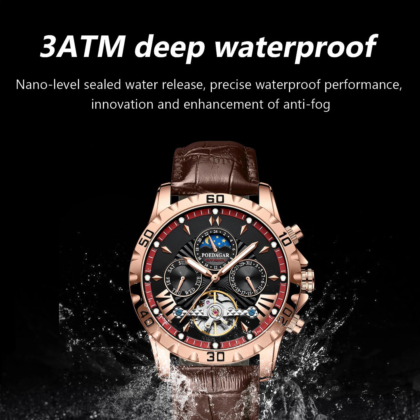 Tourbillon Automatic Mechanical Wristwatch Waterproof Luminous Date Week Leather Men Watch Luxury Fashion Men'S Watches