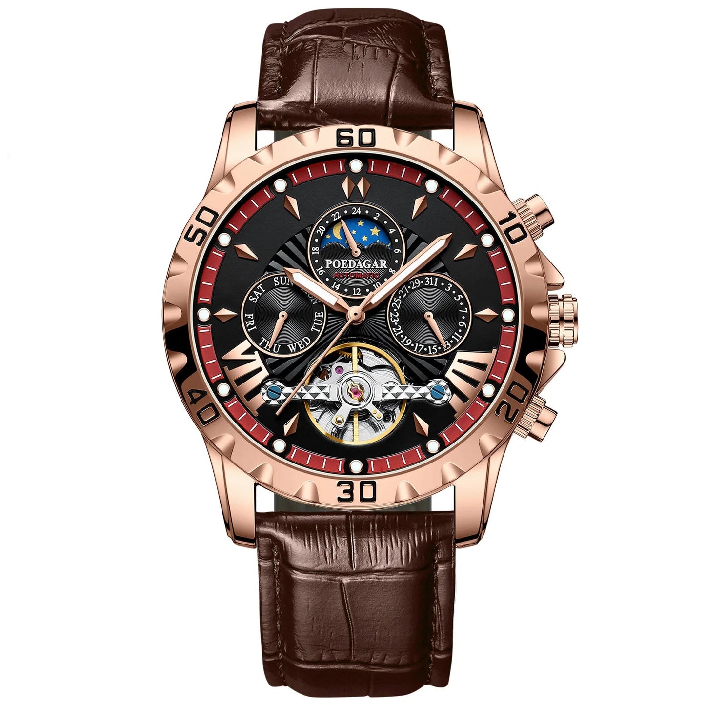 Tourbillon Automatic Mechanical Wristwatch Waterproof Luminous Date Week Leather Men Watch Luxury Fashion Men'S Watches