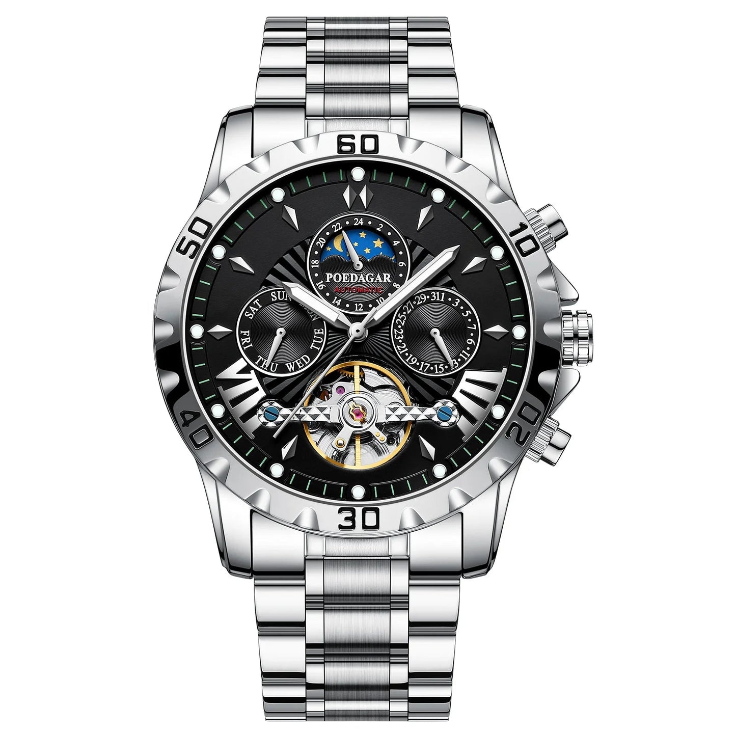 Tourbillon Automatic Mechanical Wristwatch Waterproof Luminous Date Week Leather Men Watch Luxury Fashion Men'S Watches