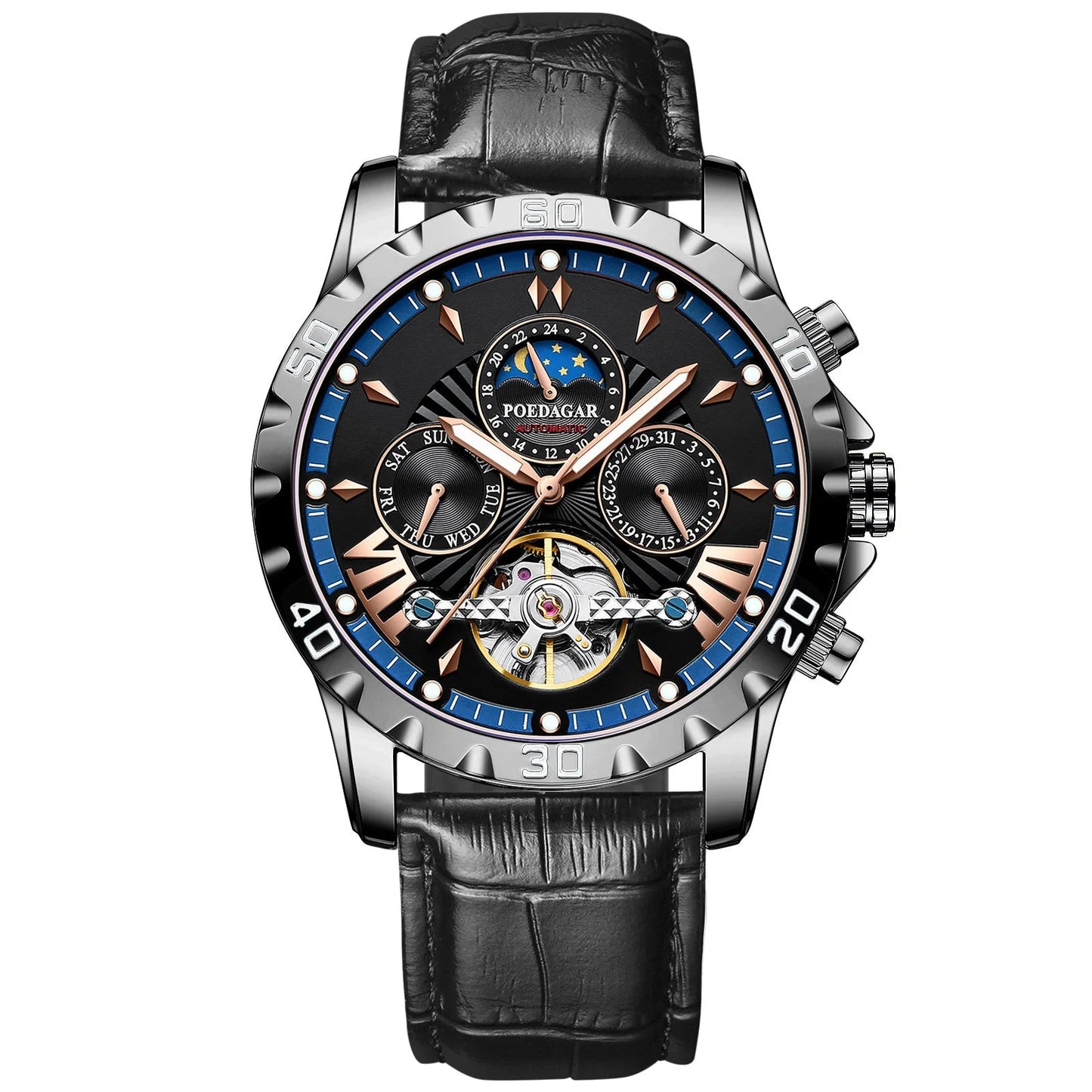 Tourbillon Automatic Mechanical Wristwatch Waterproof Luminous Date Week Leather Men Watch Luxury Fashion Men'S Watches