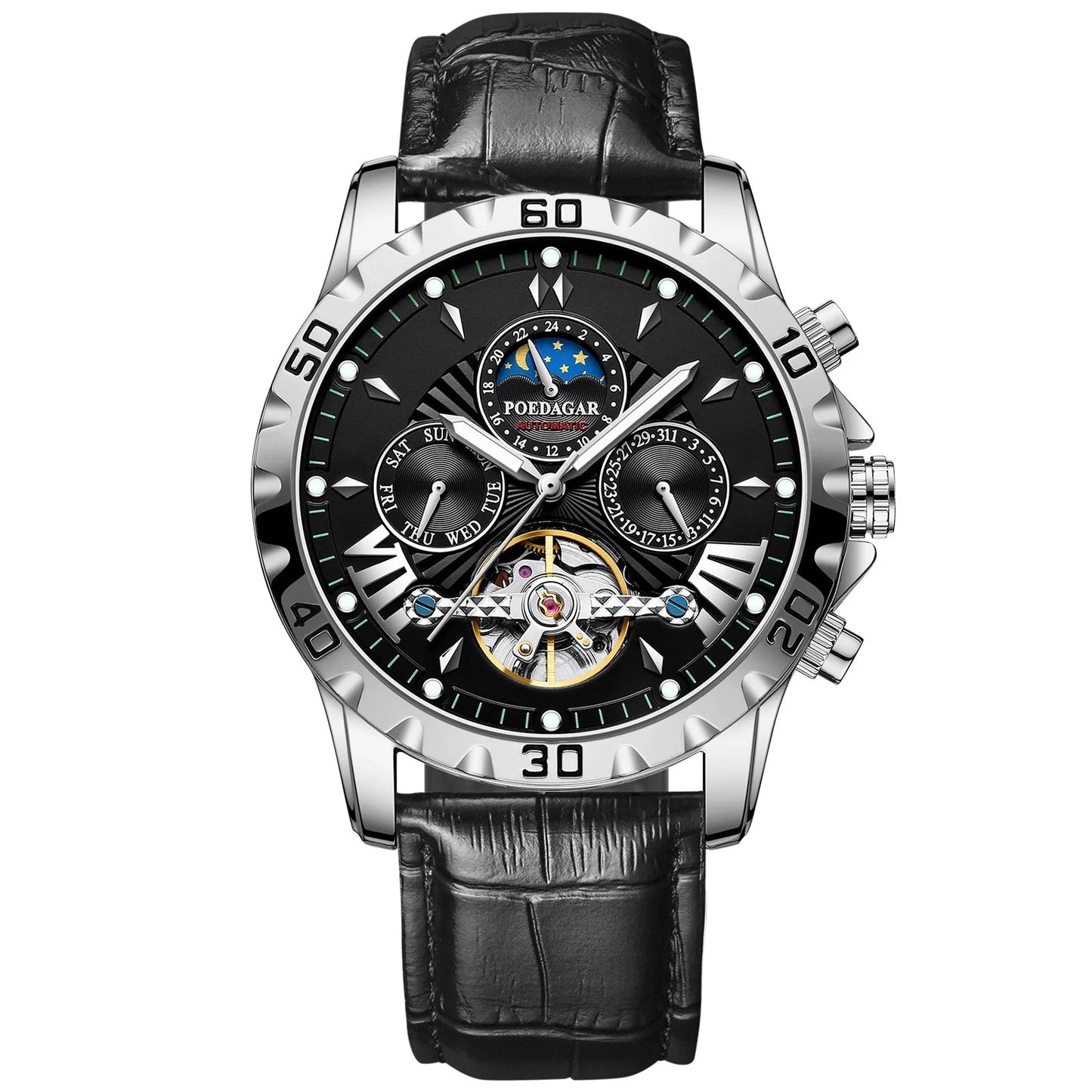 Tourbillon Automatic Mechanical Wristwatch Waterproof Luminous Date Week Leather Men Watch Luxury Fashion Men'S Watches