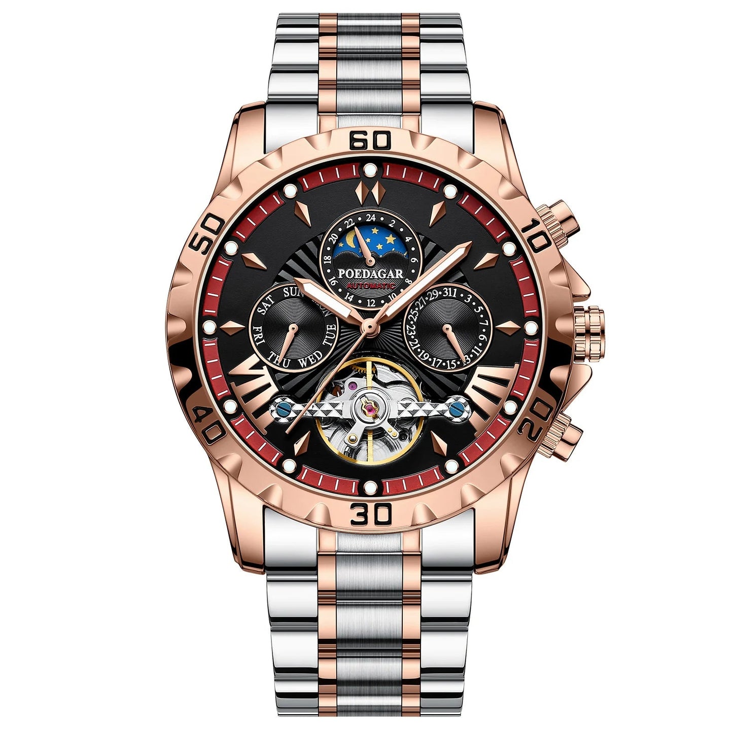 Tourbillon Automatic Mechanical Wristwatch Waterproof Luminous Date Week Leather Men Watch Luxury Fashion Men'S Watches