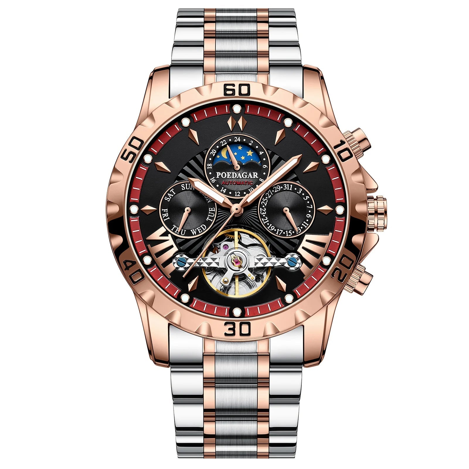 Tourbillon Automatic Mechanical Wristwatch Waterproof Luminous Date Week Leather Men Watch Luxury Fashion Men'S Watches