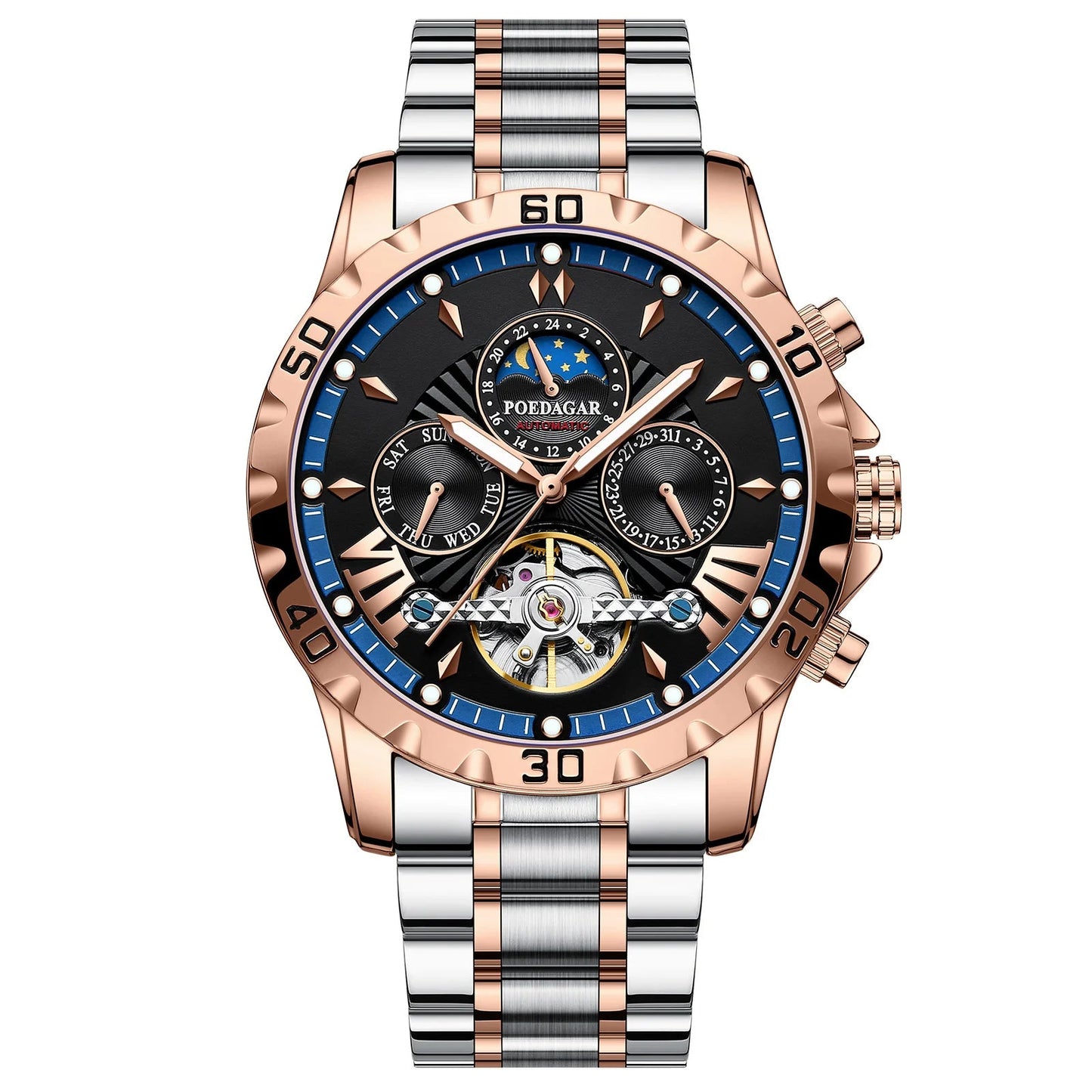 Tourbillon Automatic Mechanical Wristwatch Waterproof Luminous Date Week Leather Men Watch Luxury Fashion Men'S Watches