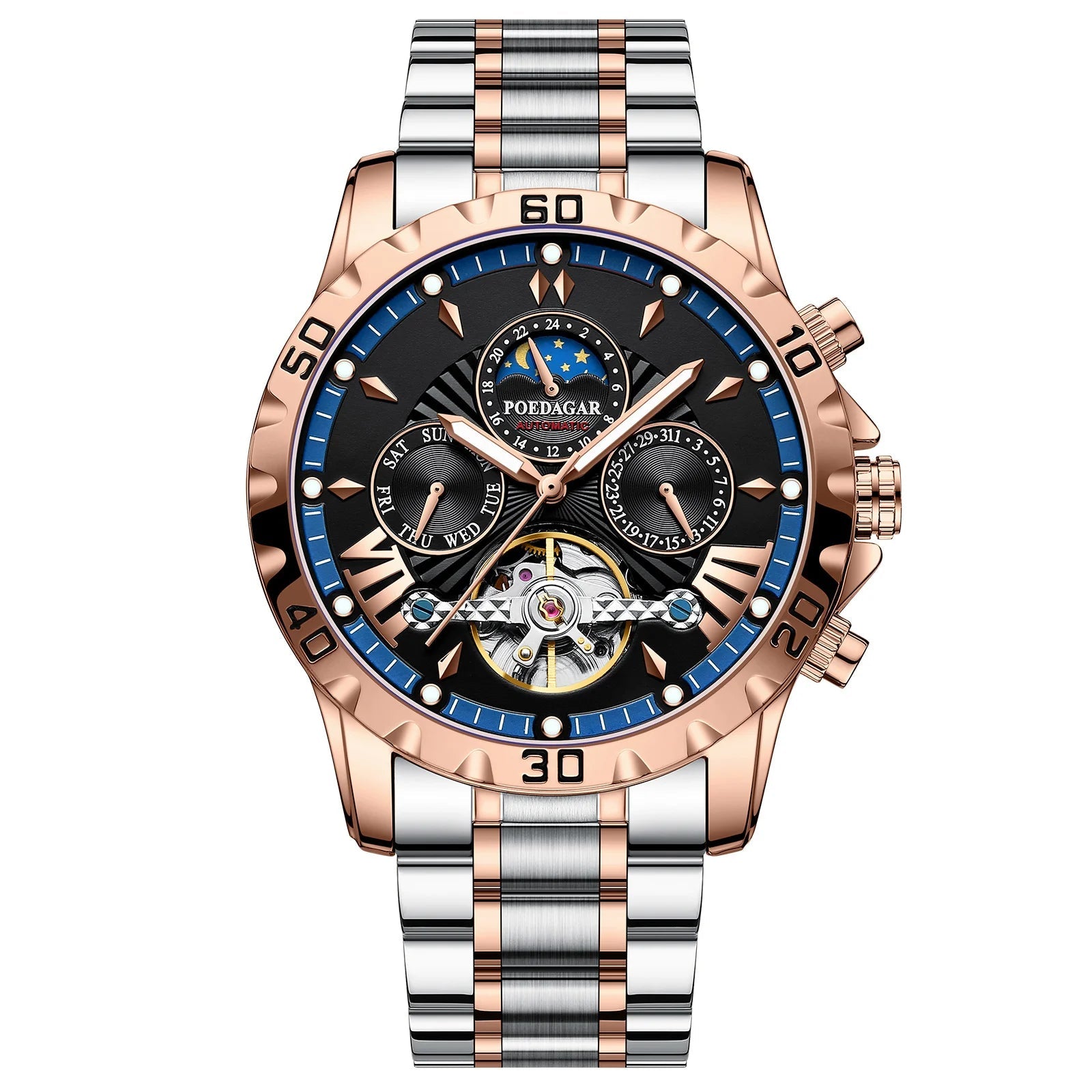 Tourbillon Automatic Mechanical Wristwatch Waterproof Luminous Date Week Leather Men Watch Luxury Fashion Men'S Watches