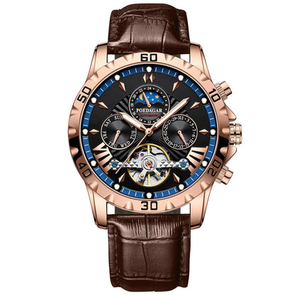 Tourbillon Automatic Mechanical Wristwatch Waterproof Luminous Date Week Leather Men Watch Luxury Fashion Men'S Watches