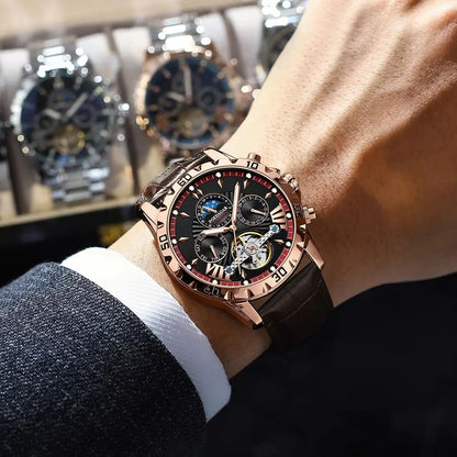 Tourbillon Automatic Mechanical Wristwatch Waterproof Luminous Date Week Leather Men Watch Luxury Fashion Men'S Watches