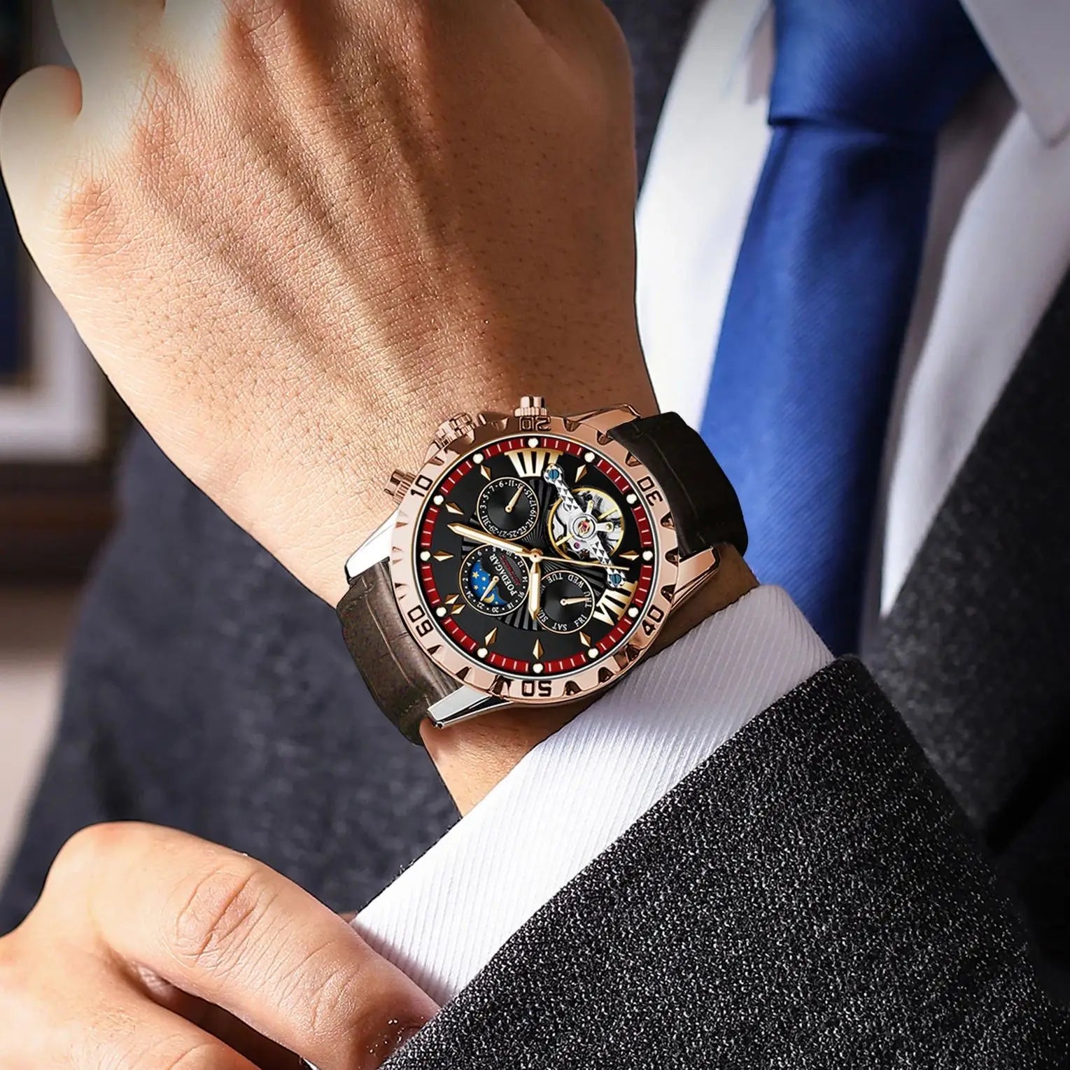 Tourbillon Automatic Mechanical Wristwatch Waterproof Luminous Date Week Leather Men Watch Luxury Fashion Men'S Watches