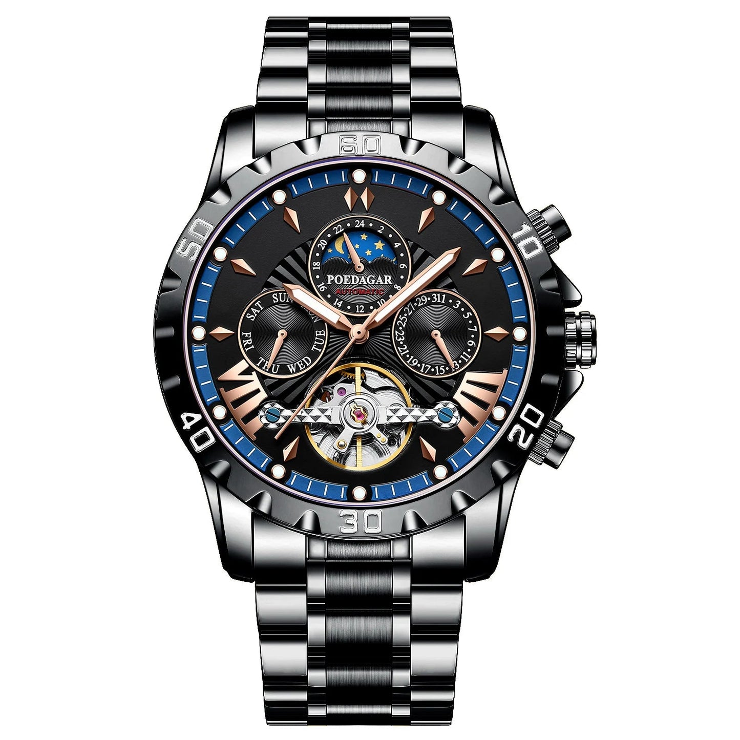 Tourbillon Automatic Mechanical Wristwatch Waterproof Luminous Date Week Leather Men Watch Luxury Fashion Men'S Watches