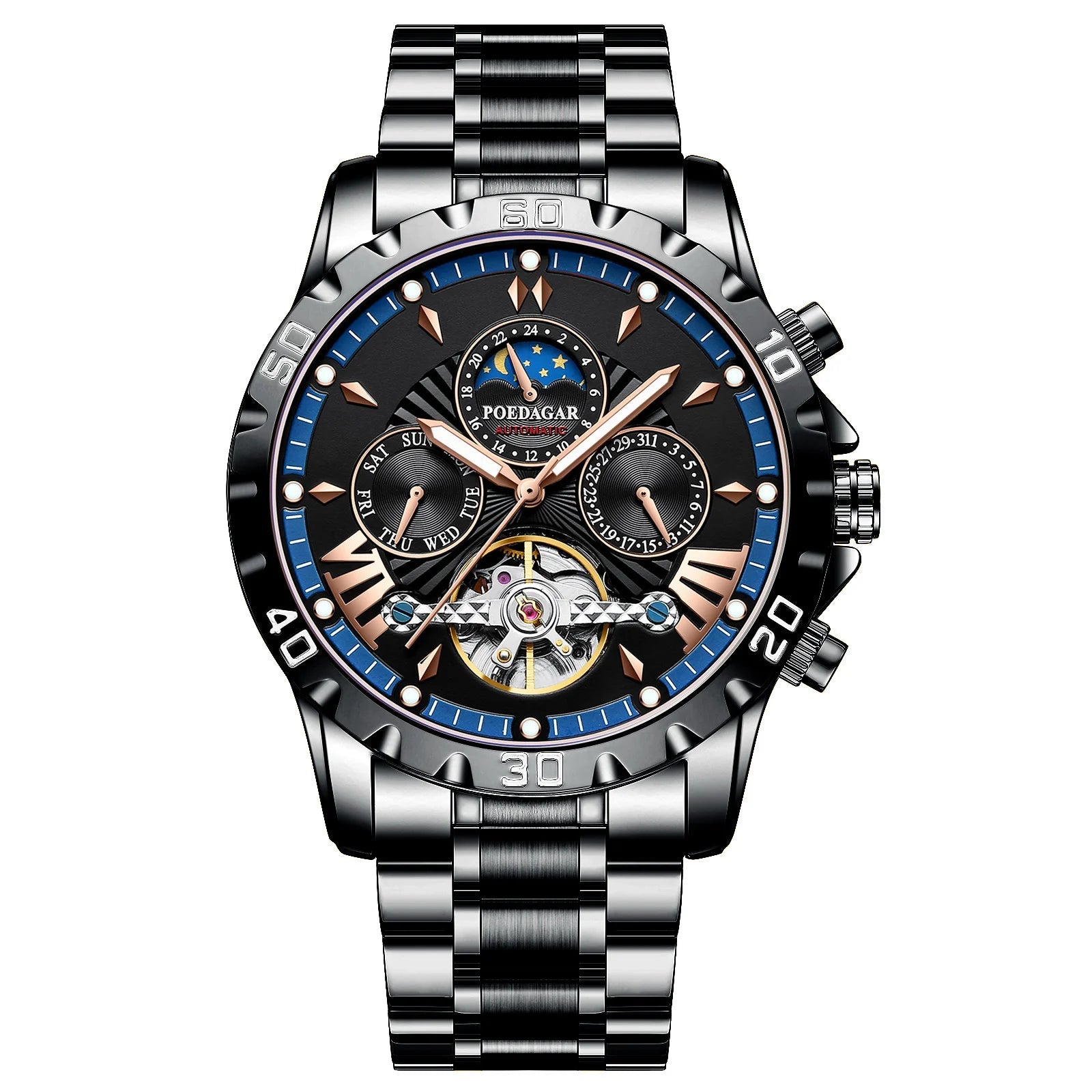 Tourbillon Automatic Mechanical Wristwatch Waterproof Luminous Date Week Leather Men Watch Luxury Fashion Men'S Watches