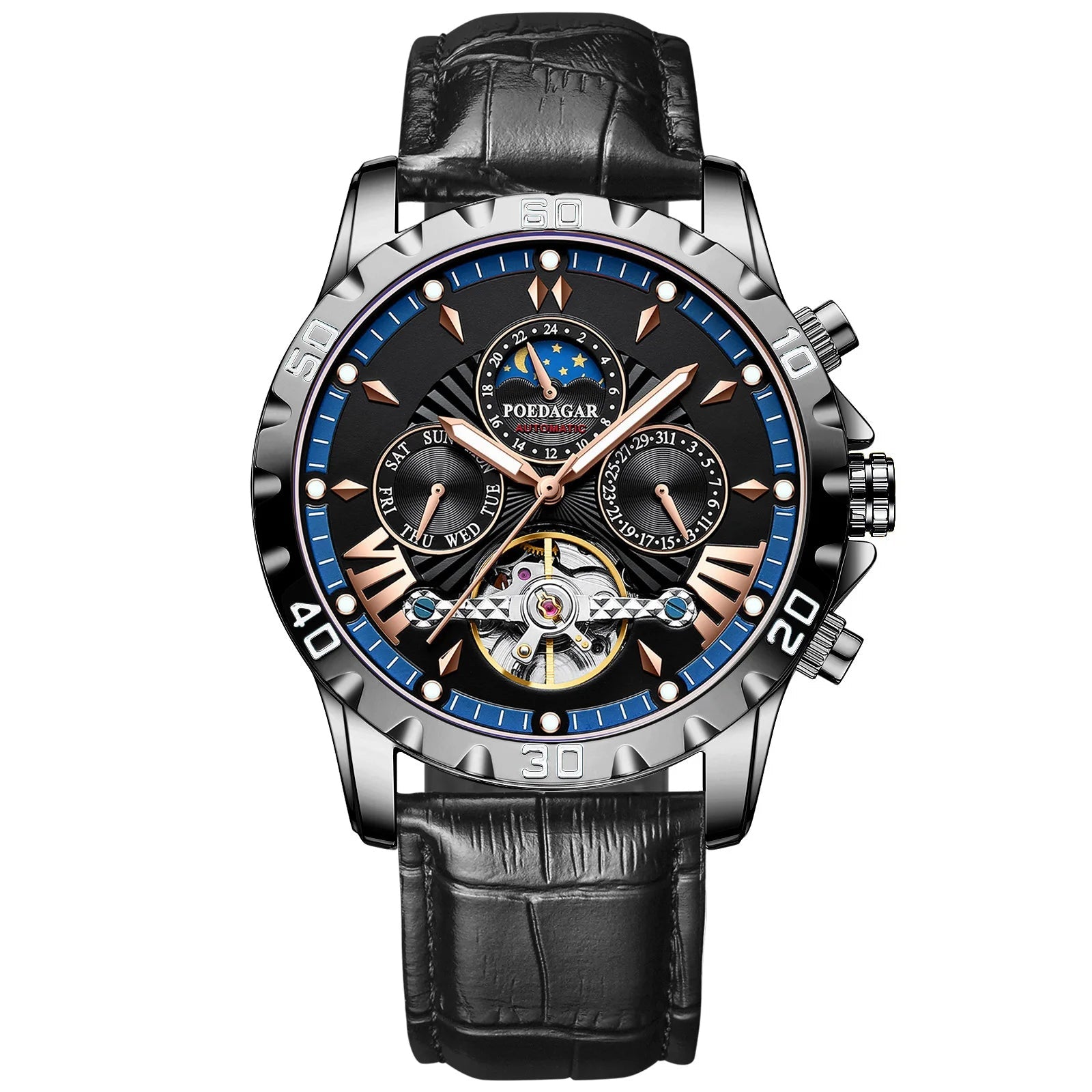 Tourbillon Automatic Mechanical Wristwatch Waterproof Luminous Date Week Leather Men Watch Luxury Fashion Men'S Watches