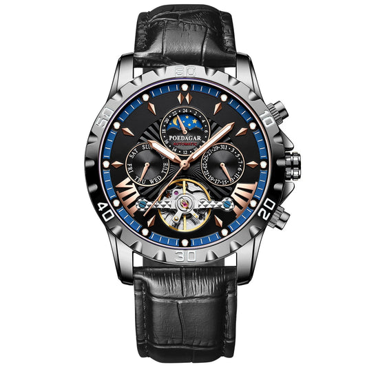 Tourbillon Automatic Mechanical Wristwatch Waterproof Luminous Date Week Leather Men Watch Luxury Fashion Men'S Watches