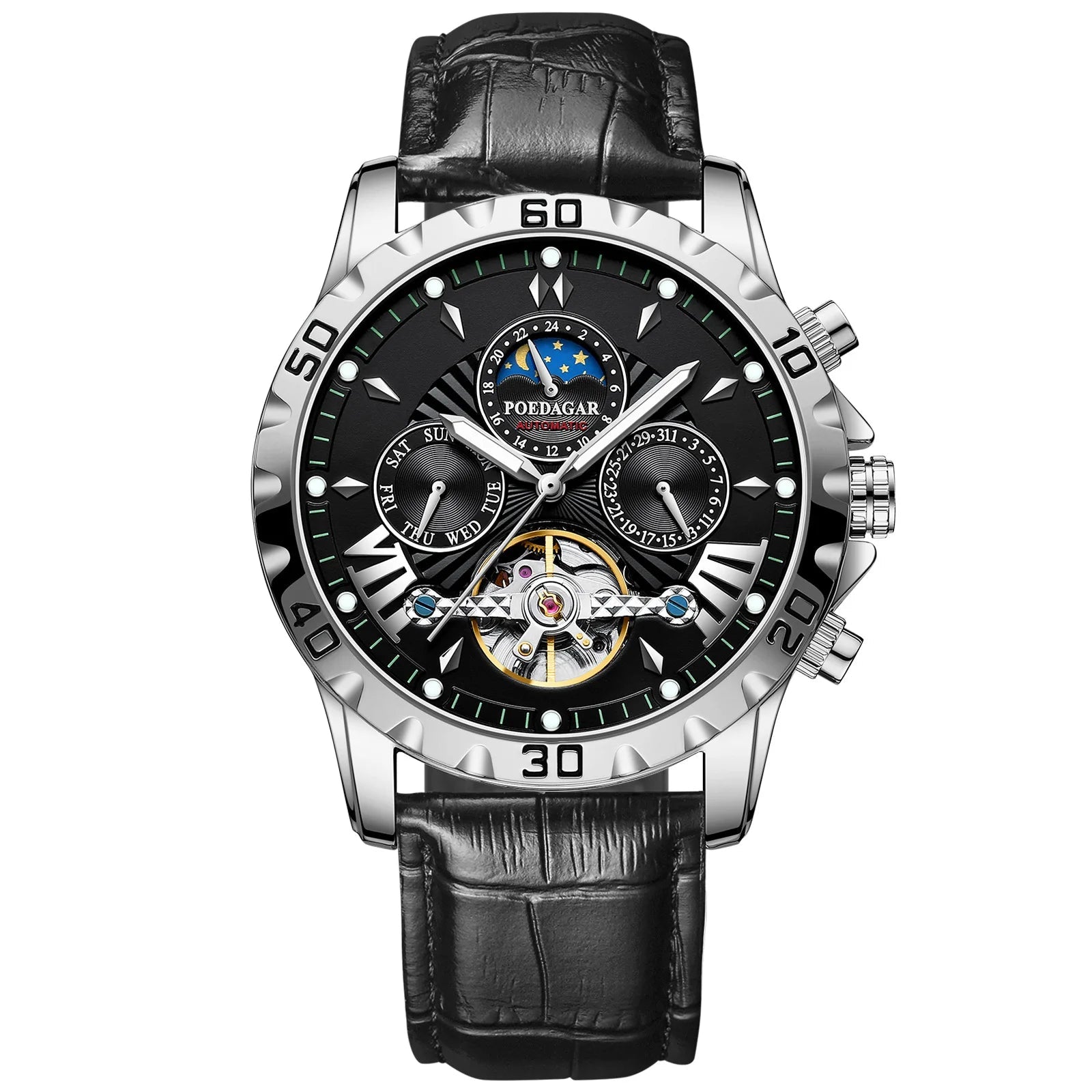 Tourbillon Automatic Mechanical Wristwatch Waterproof Luminous Date Week Leather Men Watch Luxury Fashion Men'S Watches