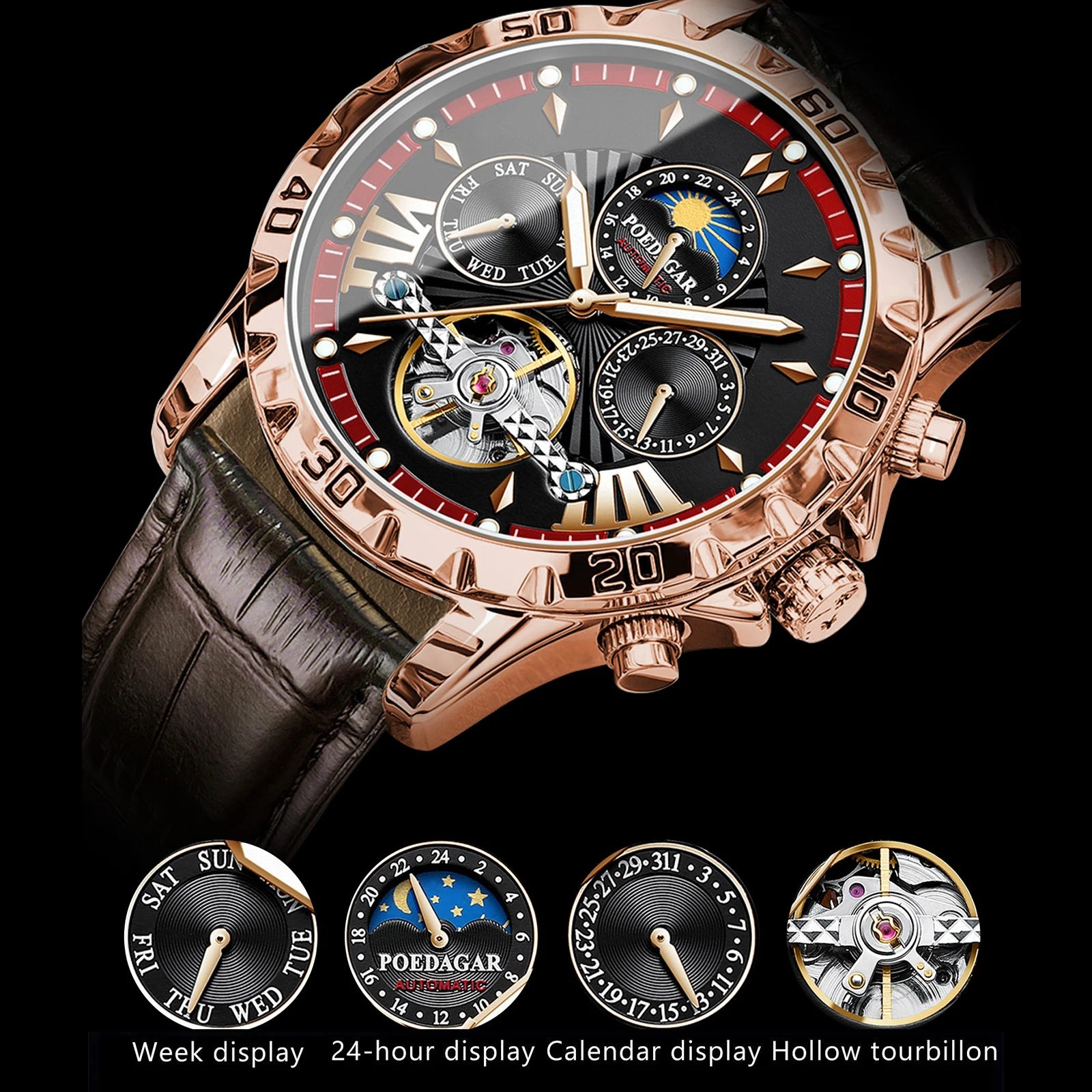 Tourbillon Automatic Mechanical Wristwatch Waterproof Luminous Date Week Leather Men Watch Luxury Fashion Men'S Watches