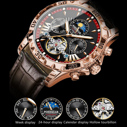 Tourbillon Automatic Mechanical Wristwatch Waterproof Luminous Date Week Leather Men Watch Luxury Fashion Men'S Watches