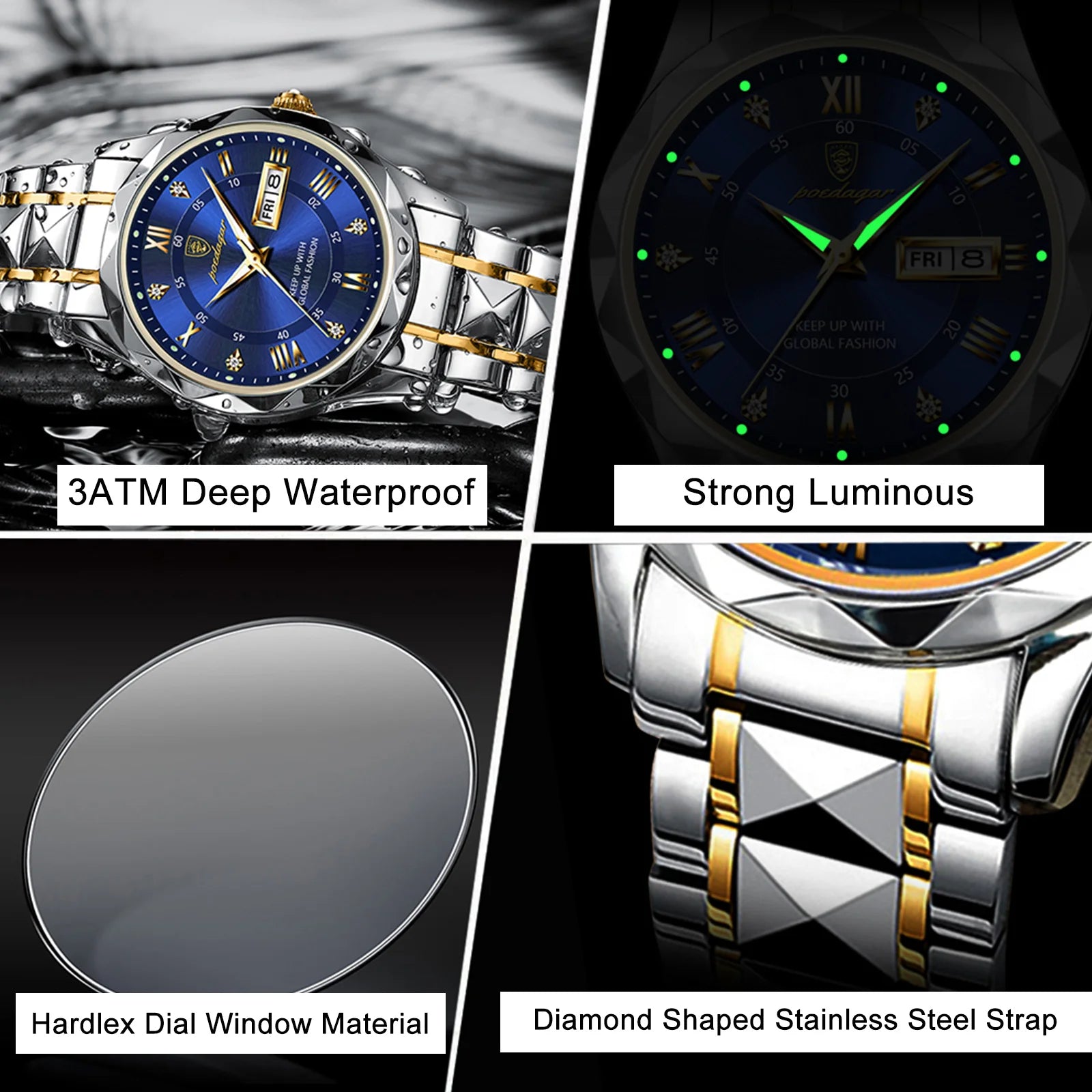 Top Brand Luxury Men'S Watches Waterproof Luminous Calendar Week Watch for Man Casual Stainless Steel Quartz Men Watch