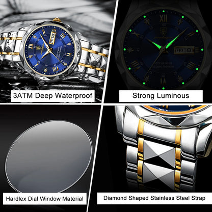 Top Brand Luxury Men'S Watches Waterproof Luminous Calendar Week Watch for Man Casual Stainless Steel Quartz Men Watch